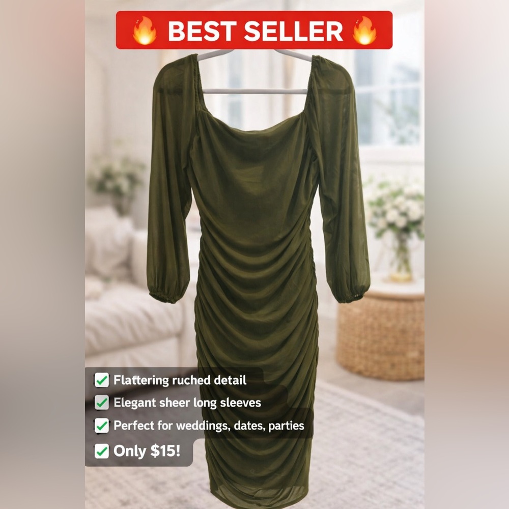 ✨ Olive Green Ruched Midi Dress — $15 ✨